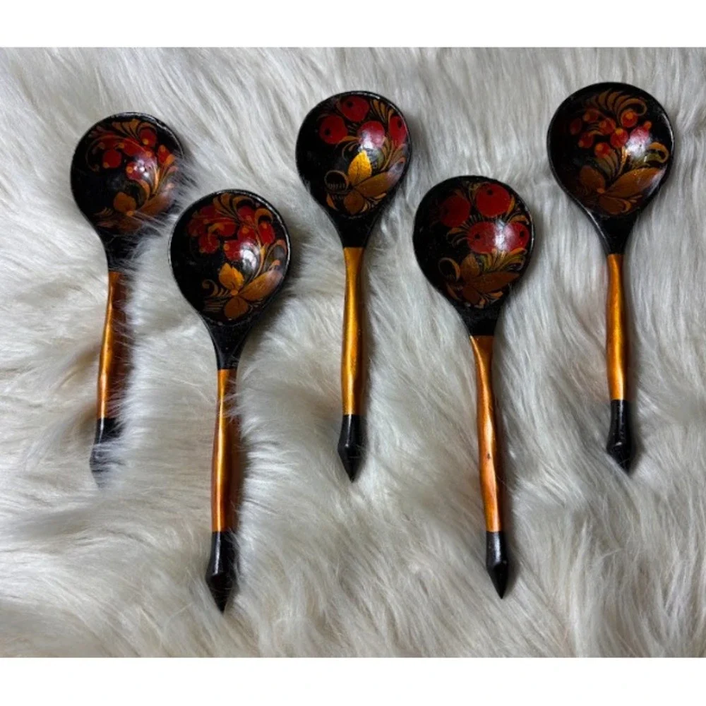Vintage Khokhloma‎ Wooden Spoons Set 5 Hand Painted Russian Folk Art USSR Decor